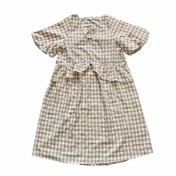 Moon River Gingham Plaid Dress M Tan Puff Sleeve Ruffle Prairie Cottagecore NWT - Picture 2 of 8